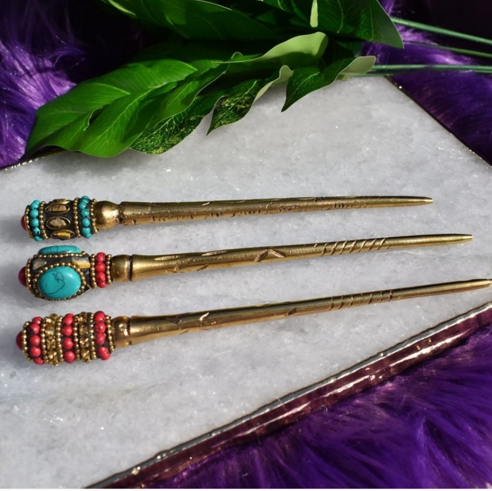 Brass Turquoise Glass Beaded Hair Pin